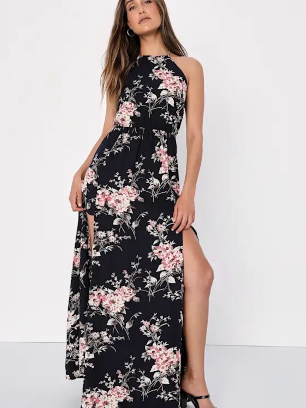 Lulu's Black Halter Maxi Dress with Pink Floral Print